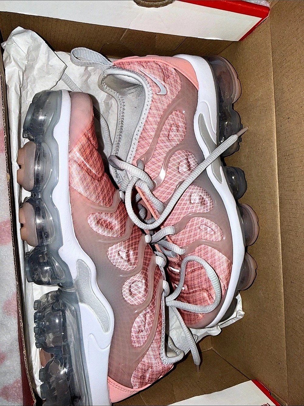 Nike Air VaporMax Plus Bleached Coral Pure Platinum Pink & Gray Athletic Shoes